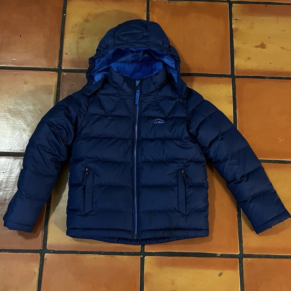LL Bean Kids' Bean's Down Jacket Blue S 8 EXC Hooded Mid Fill Weight